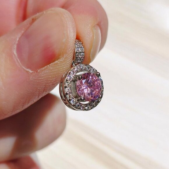 3ct Pink Moissanite ✦ Halo Pendant Necklace ✦ 925 Silver 14K Gold Overlay 18" - Picture 7 of 11